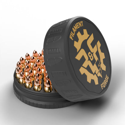F&F 50-round ammo puck for .44 Special, open with 50 rounds and the gold-badge textured lid leaning beside it