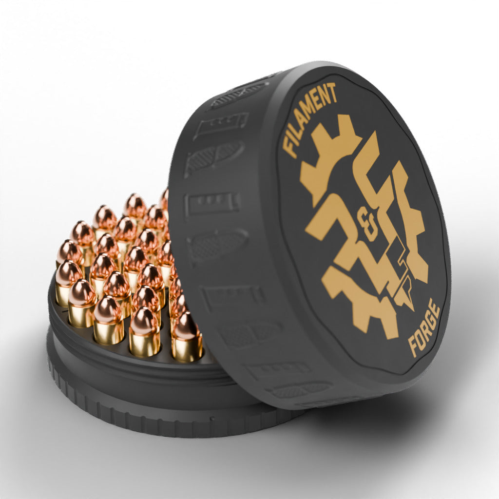 F&F 50-round ammo puck for .454 Casull, open with 50 rounds and the gold-badge textured lid leaning beside it