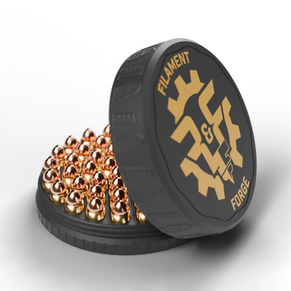 F&F 50-round ammo puck for .45 GAP, open with 50 rounds and the gold-badge textured lid leaning beside it