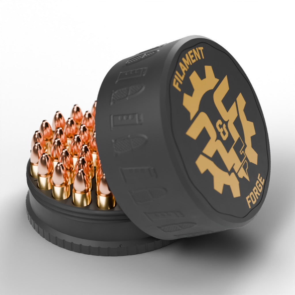 F&F 50-round ammo puck for .500 S&W Magnum, open with 50 rounds and the gold-badge textured lid leaning beside it
