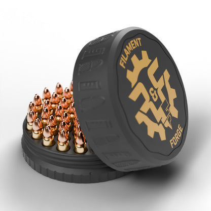 F&F 50-round ammo puck for 7.62x25mm Tokarev, open with 50 rounds and the gold-badge textured lid leaning beside it