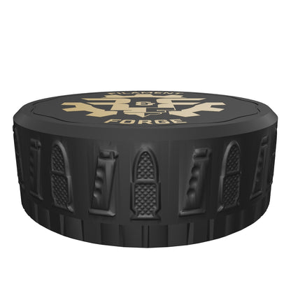 Interactive 3D model of the F&F 50-round 9mm ammo puck with the lid screwed on: black bullet-and-magazine textured lid with gold Filament & Forge badge. Drag to rotate, pinch or scroll to zoom.
